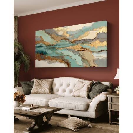 תמונת קנבס אבסטרקט יוקרתית בגווני טורקיז, חום וזהב מנצנץ – נהר זהב
