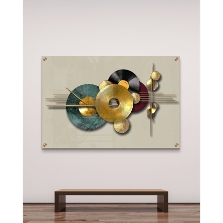 תמונת זכוכית בעיצוב גיאומטרי מודרני עם עיגולים מטאליים בזהב, ירוק, בורדו ושחור – מקולקציית תכשיט לבית