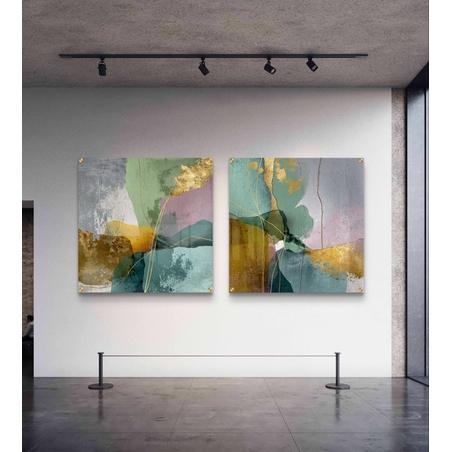 סט תמונות זכוכית מרובעות בגווני ירוק, טורקיז, ורוד וזהב בעיצוב אבסטרקטי – תכשיט לבית