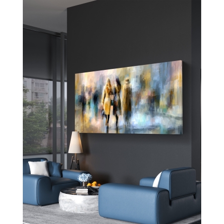 תמונת קנבס לרוחב עם ציור מופשט של זוג מהלך בעיר בצבעי זהב, כחול ואפור – קולקציית תכשיט לבית