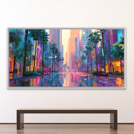 תמונת קנבס אורבנית צבעונית עם רחוב רטוב והשתקפויות ניאון בגווני טורקיז, ורוד וכתום – NEXTGEN BY BAR