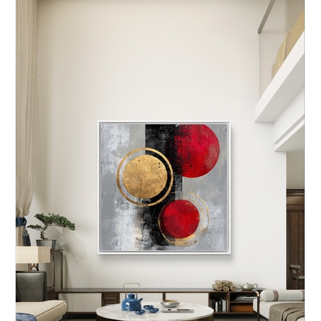 תמונת קנבס מרובעת אבסטרקטית עם עיגולים אדומים וטבעות זהב על רקע אפור ושחור