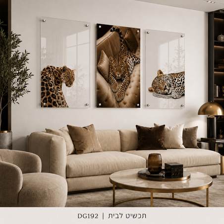 אלגנטיות פראית בגווני חול – שלישיית תמונות זכוכית נמרים לסלון | DG192