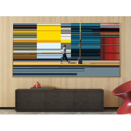 תמונת קנבס מודרנית עם דמות צועדת על רקע קווים צבעוניים מופשטים בגווני צהוב, אדום וטורקיז – NEXTGEN BY BAR