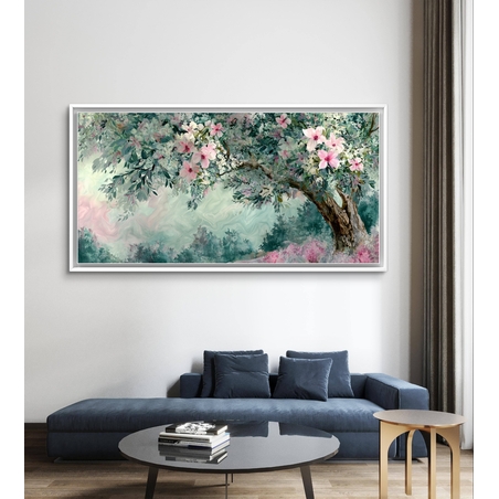 תמונת קנבס פריחת אביב רומנטית – ענפי פרחים בגווני ירוק ופודרה | CJ6532