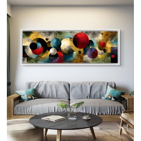 תמונת קנבס פנורמית צבעונית עם עיגולים בגווני אדום, כחול, זהב ושחור בעיצוב מודרני מבית תכשיט לבית