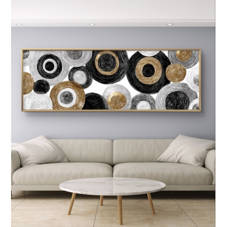 תמונת קנבס פנורמית אבסטרקטית עם מעגלים בגווני שחור, לבן וזהב – מעגלי זהב נצחיים