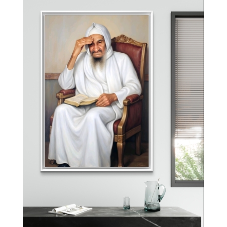 תמונת קנבס של הבבא סאלי יושב על כסאו עם ספר קדוש, בציור מרשים ומלא השראה, מושלם להוספת אווירת קדושה וברכה לבית.