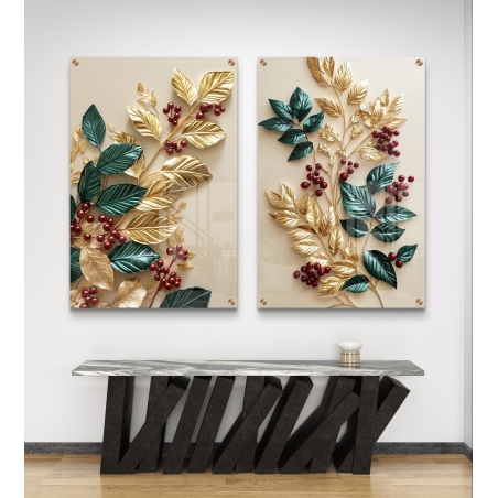 זוג תמונות זכוכית מרהיבות עם ענפי עלים מוזהבים, ירוקים ופירות יער אדומים, בעיצוב תלת-ממדי מרשים המשדר יוקרה ואלגנטיות.