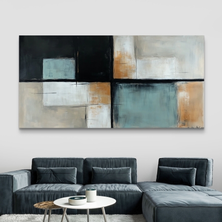 תמונת קנבס לרוחב בעיצוב גאומטרי מופשט עם קווים חדים בגוונים של תכלת, שחור, קרם וכתום, תלויה מעל ספה בסלון מודרני בגוונים ניטרליים.