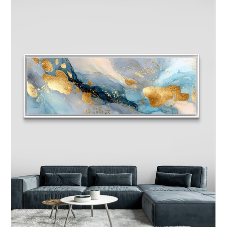 תמונת קנבס פנורמית בגווני כחול עם כתמי זהב בהדפסה חלקה – תכשיט לבית