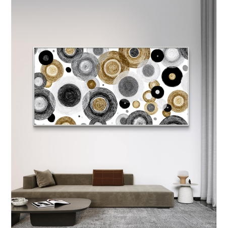 תמונת קנבס לרוחב עם עיגולים מופשטים בגווני שחור, לבן וזהב – עיצוב מודרני ואלגנטי לסלון