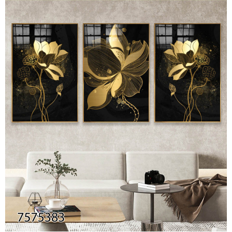 שלשה על קנבס פרחים זהב שחור מתוח וממוסגר לחדר השינה או לסלון דגם 7575383