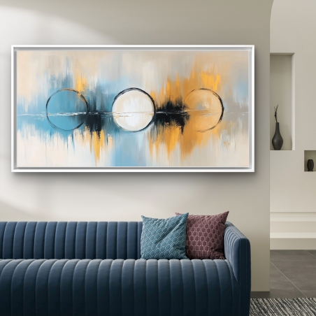 תמונת קנבס לרוחב בעיצוב אבסטרקטי מודרני עם שלושה מעגלים בגווני כחול, זהב ולבן על רקע מופשט