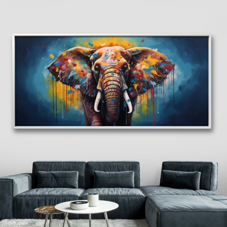 תמונת קנבס מהממת פיל ברקע כחול וזריקות צבע דגם - A30051
