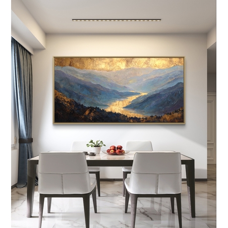 עמק זהוב בין ההרים – תמונת קנבס נוף בגווני כחול וזהב | DL1201