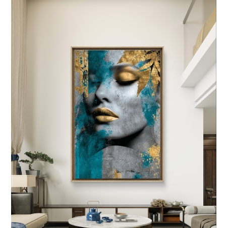 תמונת קנבס של אישה בגווני טורקיז וזהב בעיצוב אמנותי מודרני מבית תכשיט לבית