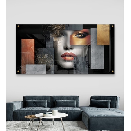 תמונת זכוכית עם דיוקן נשי מפורק בשכבות גאומטריות בגווני שחור, אפור וזהב – תכשיט לבית