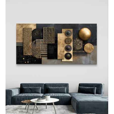 תמונת קנבס אבסטרקטית לרוחב בגווני שחור וזהב עם צורות גאומטריות וטקסטורות יוקרתיות
