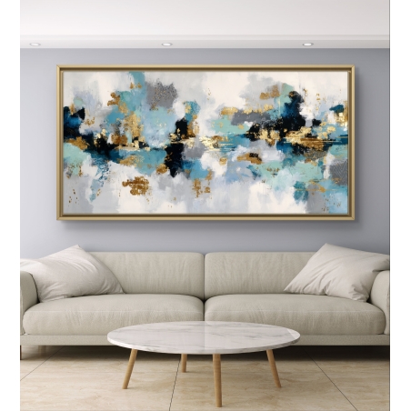 תמונת קנבס לרוחב בסגנון אבסטרקטי עם גווני כחול, טורקיז וזהב – מתוך קולקציית תכשיט לבית