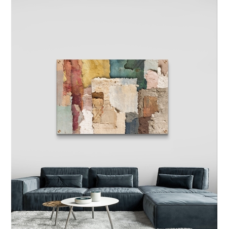 תמונת זכוכית אבסטרקטית עם שכבות וטקסטורות בגווני אדמה, חול ותכלת בעיצוב מודרני ורגוע