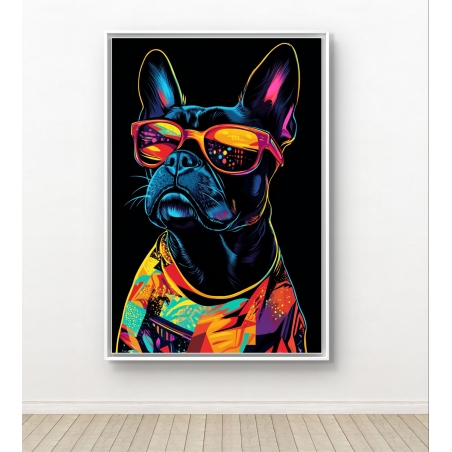 תמונת קנבס פופ-ארט של כלב עם חולצה צבעונית ומשקפי שמש ניאוניות על רקע שחור.