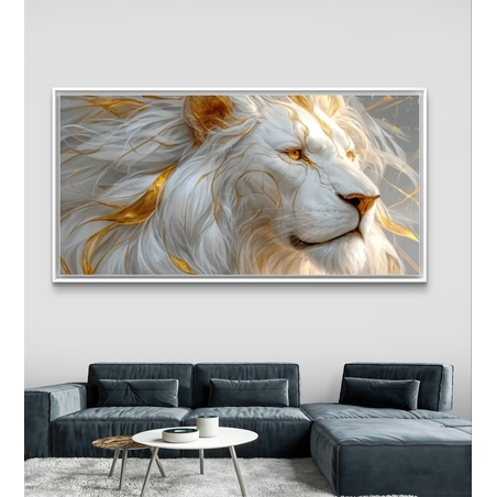 תמונת קנבס לרוחב של אריה לבן עם נגיעות זהב בעיצוב יוקרתי לעיצוב הבית