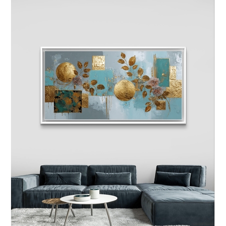 תמונת קנבס לרוחב בעיצוב אבסטרקטי בגווני תכלת וזהב עם אלמנטים גיאומטריים ועלים דקורטיביים לסלון