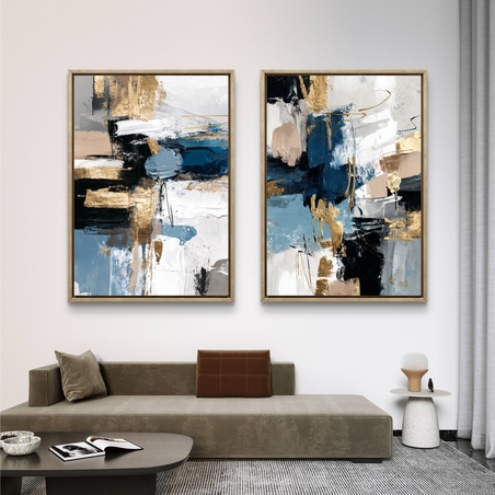 תמונת קנבס זוגית אבסטרקטית בגווני כחול, שחור ולבן עם נגיעות זהב בעיצוב מודרני