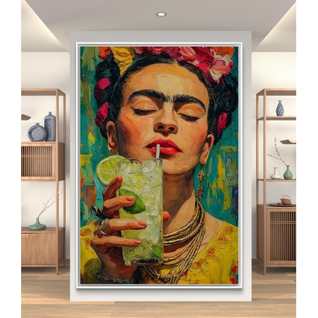 תמונת קנבס צבעונית בהשראת פרידה קאלו עם כוס משקה