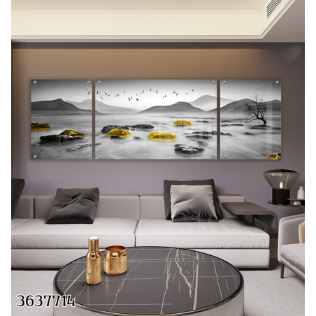 תמונה מעוצבת יוקרתית לפינת אוכל או לסלון בתלת מימד מחולקת ל3 חלקים לסלון או למשרד מודפסת על זכוכית דגם 3637714