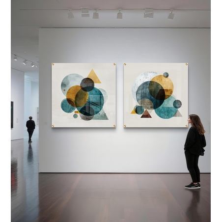 סט תמונות זכוכית מרובעות בגווני טורקיז וחרדל עם צורות גאומטריות — תכשיט לבית