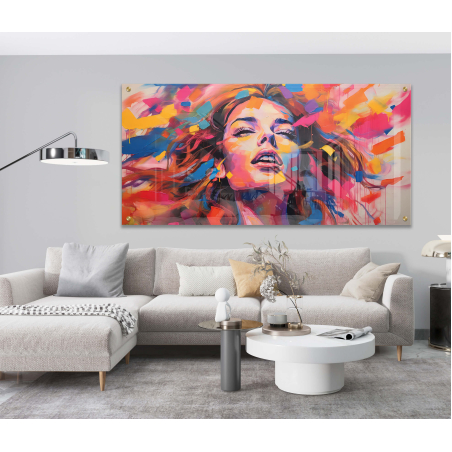 תמונת זכוכית אישה יפה צבעונית ושמחה דגם 310554