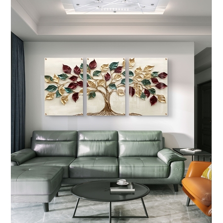 תמונת זכוכית שלישייה עם עץ חיים ועלים בגווני זהב, ירוק ובורדו בעיצוב יוקרתי לבית