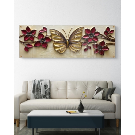 תמונת זכוכית פנורמית עם עיצוב תלת ממד של פרפר מוזהב ופרחים אדומים על רקע בהיר.