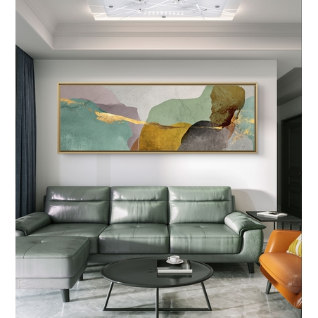 תמונת קנבס אבסטרקטית בגווני מנטה, בז׳, חום וזהב עם קו זהב דק