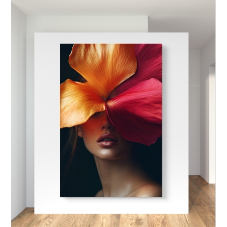 תמונת קנבס מרשימה של אישה שחציה מוסתר בפרח גדול וצבעוני, בעיצוב אלגנטי ומסתורי, עם רקע כהה המבליט את הפרטים הקסומים.