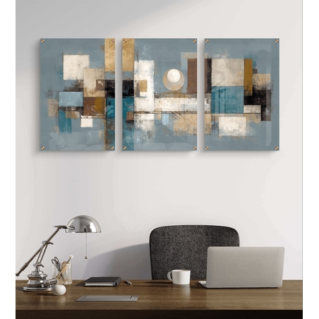 שלישיית תמונות זכוכית אבסטרקטיות בגווני כחול, בז’ וזהב בעיצוב גאומטרי מודרני למשרד או לבית