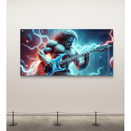 תמונת זכוכית רחבה של רוקר עם גיטרה חשמלית וברקים כחולים ברקע, מתוך קולקציית M-X ART
