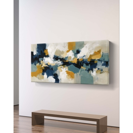 תמונת קנבס לרוחב בגווני כחול, חרדל ולבן בסגנון אבסטרקט מודרני מבית תכשיט לבית