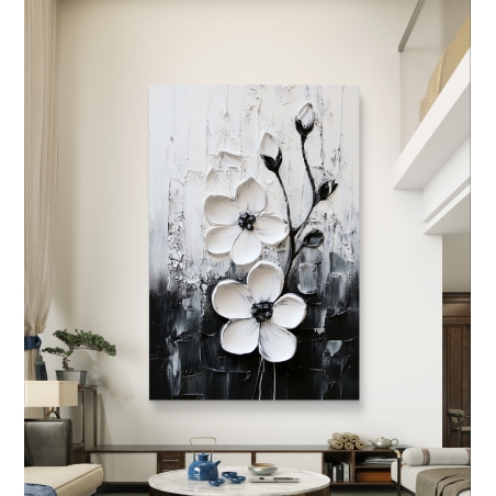 תמונת קנבס תלת־מימדית עם פרחים לבנים על רקע שחור־לבן מתוך קולקציית תכשיט לבית.