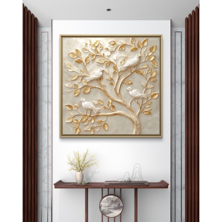 תמונת קנבס מרובעת עם עץ מוזהב, ציפורים יושבות על הענפים ועלים מוזהבים, מתאימה לעיצוב הבית.