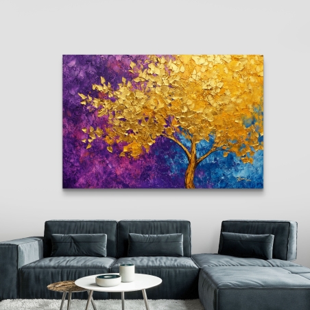 תמונת קנבס של עץ בגווני זהב עם רקע סגול וכחול – מתוך קולקציית תכשיט לבית.