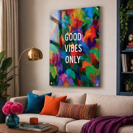 Good Vibes צבעוני – תמונת זכוכית אבסטרקטית עם מסר חיובי – דגם GT9434