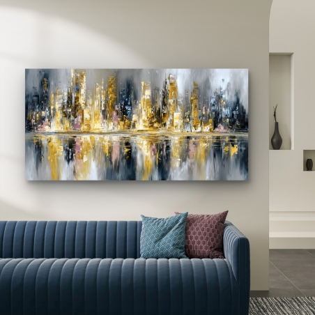 תמונת קנבס מודרנית של קו רקיע זהוב עם השתקפות במים, בהדפסה חלקה ואיכותית