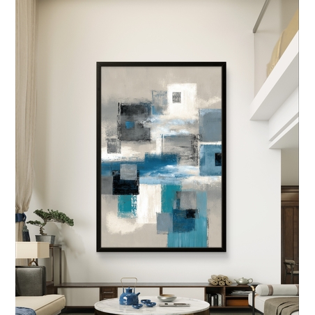 בלוקים כחולים – תמונת קנבס אבסטרקט גיאומטרית בכחול, אפור ולבן | CR6544