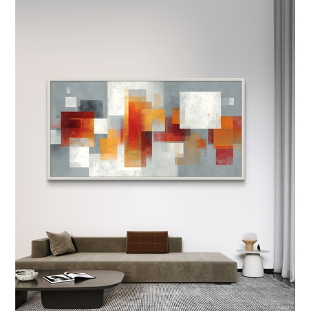 תמונת קנבס לרוחב בהדפסה חלקה עם צורות אבסטרקטיות בגווני אפור, לבן וכתום, בעיצוב מודרני ואלגנטי לבית.
