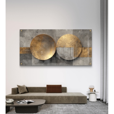 תמונת זכוכית לרוחב עם שני עיגולים מוזהבים מעל רקע אפור גאומטרי – תכשיט לבית