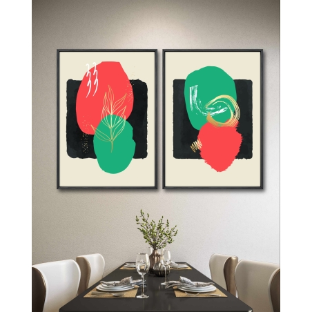 זוג תמונות לסלון או לפינת אוכל גיאומטרי מודרני גוונים ירוק ואדום דגם -  A64004