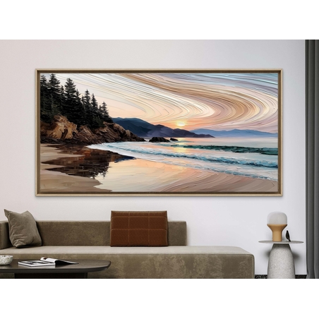 תמונת קנבס של שקיעה בחוף עם קווים גרפיים רכים, הדפסה חלקה NEXTGEN BY BAR